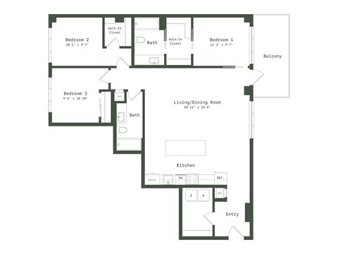 Floor plan for 3 beds, 2 baths, 1419 sqft